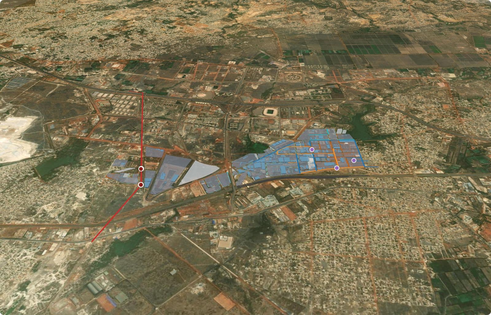 Vue 3D du Domaine Industriel de Diamniadio : lots, réseaux et bâtiments sur imagerie satellite